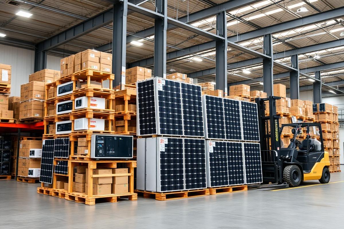 Centro de distribuição com pallets de painéis solares e inversores