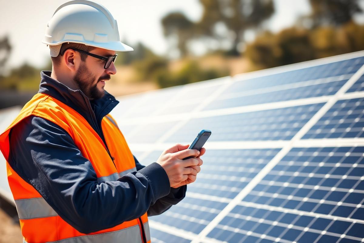 Técnico usando aplicativo de monitoramento diante de uma usina solar